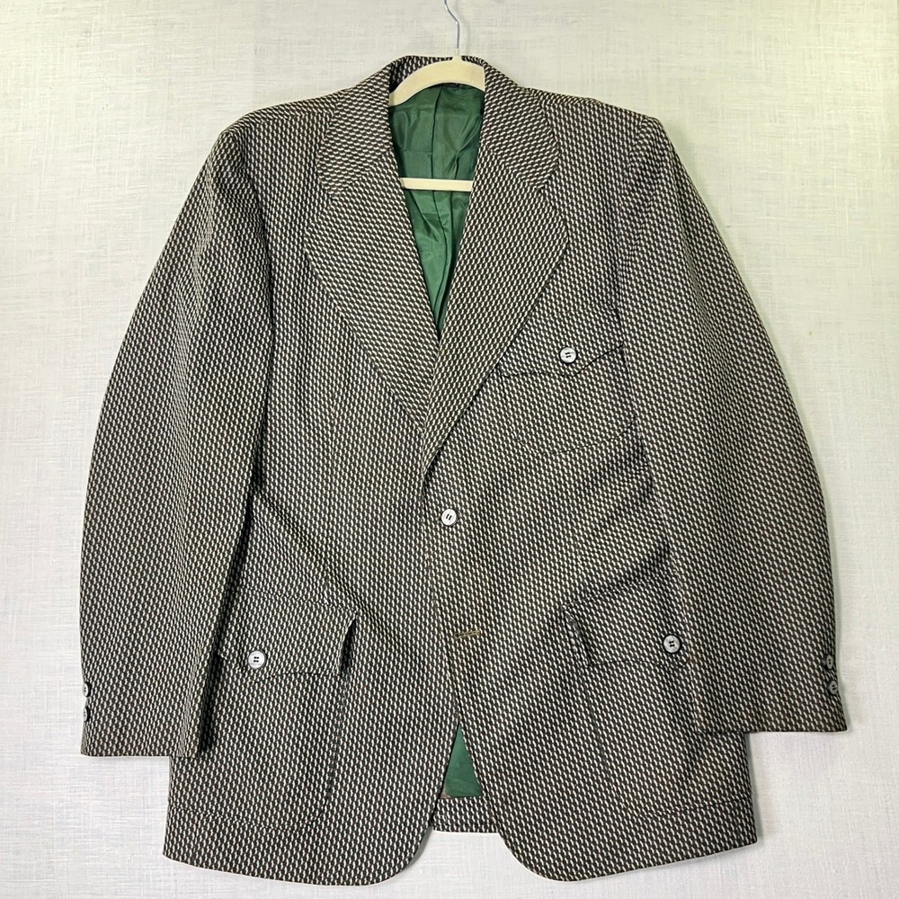 VTG‎ Brookfield Men 42L Blazer Green White Puppytooth Polyester Disco 70s Jacket